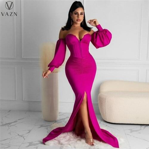 VAZN 2021 Spring New Fashion Women High Street Fair Maiden Style Long Dress Long Sleeve Card Shoulder Pure Color Long Dress