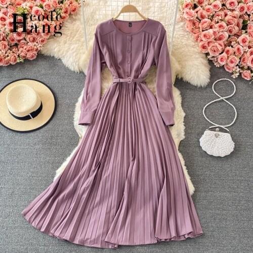 HangCode Office Lady Casual Pleated Dress with Belt Women Long Sleeve O-neck Autumn Dress 2021 Elegant Party Dress Vestidos