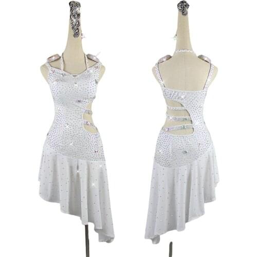Shining Rhinestone Latin Dance Dress Women Sexy Professional White High-end Latin Dance Fringed Dresses Competition Clothing