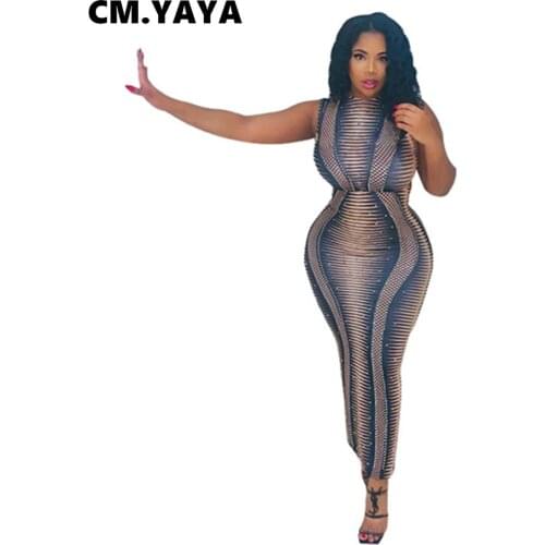 CM.YAYA Women Plus Size Dress Print Sleeveless O-neck Stretchy Skinny Splited Pencil Long Maxi Dresses Fashion Vestidos Summer