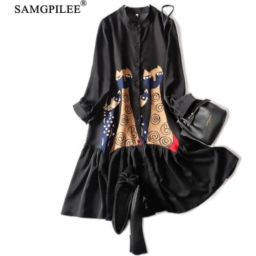 Dresses Woman 2021 Spring And Autumn New Stand Collar Animal Pattern Full Sleeve Korean Slim Chiffon Single Breasted Women Dress