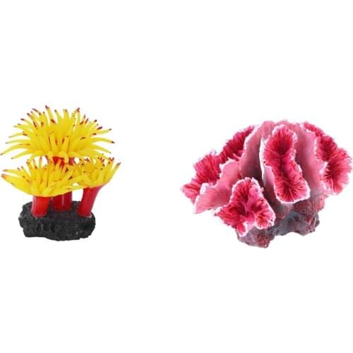 2 Pcs Artificial Simulation Coral Underwater Plants Aquarium Decoration, Yellow & Pink