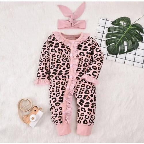 2pcs Newborn Infant Baby Romper Flare Sleeve Leopard Jumpsuit +Headbands Sets Baby Winter Outfits Fall Girl Clothes 3 6 12 18M