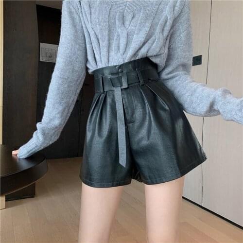 2021 Autumn and winter new high-waist thin PU leather shorts casual wild wide-leg loose short DK554