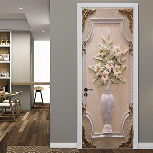 3D Stereo Stone Carving Vase Photo Door Sticker Wallpaper Living Room Bedroom Door Poster Self-Adhesive Waterproof Wall Stickers