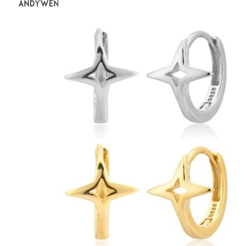 ANDYWEN 925 Sterling Silver Gold Plain Star Huggies Piercing Hoops Pendiente Round Party Clips Rock Punk Party Jewelry Gift
