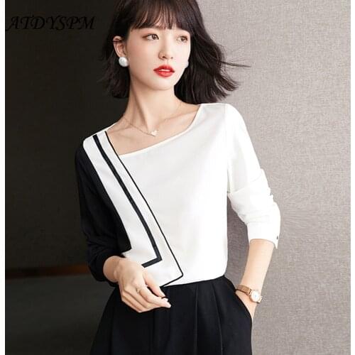 Women Shirts Blouses 2021 Korean Fashion Long Sleeve Skew Collar Chiffon Shirts Elegent Office Lady Work Wear Casual Tops Autumn