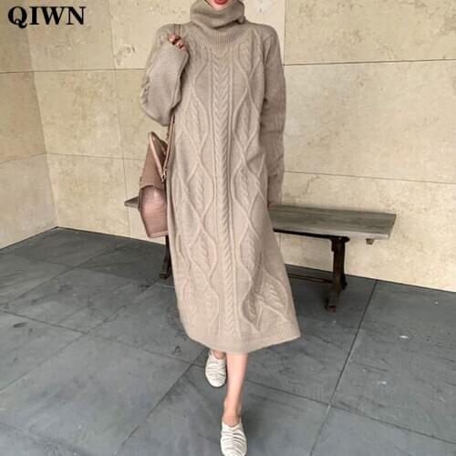 One Piece Turtleneck Sweater Dress Women Autumn Winter High Elastic Twist Knitted Dress Plus Size Cashmere Midi Knit Dresses New
