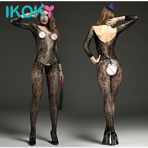 IKOKY Catsuit Open Crotch Pantyhose Fishnet Sexy Lingerie Long Sleeve Exotic Apparel Erotic Intimates One-piece Perspective