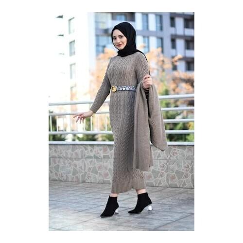 Cardigan Dress Knitwear Hijab Suit-Mink
