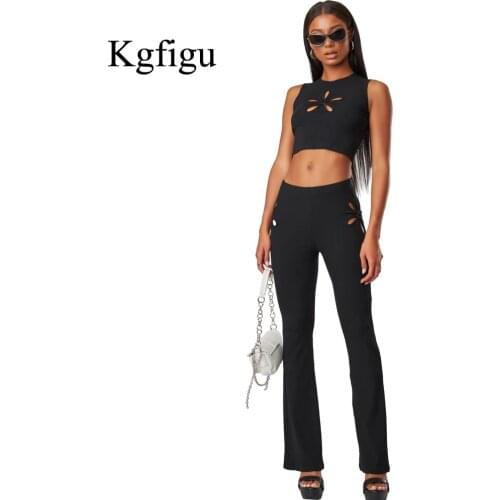 KGFIGU Fashion Design Two Piece Sets Women 2021 New Arrival Hollow Pattern Cropped Top And Overalls Elegant Black Pants Suit