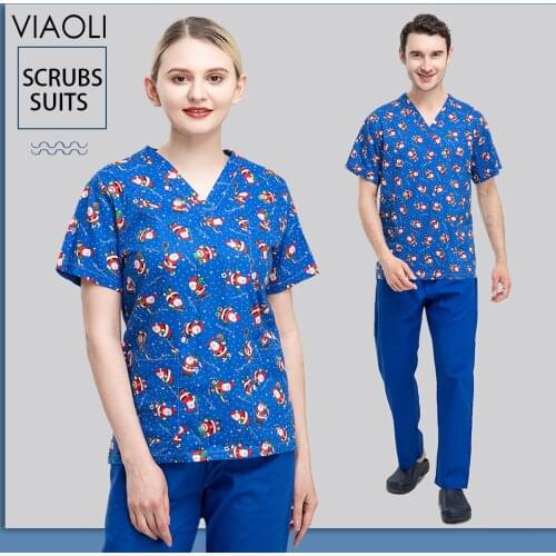 Experimenter Scrubs Tops High Quality Beauty Salon Work Clothes Unisex Print Pet Grooming Institutions Uniform V-Neck Scrub Tops