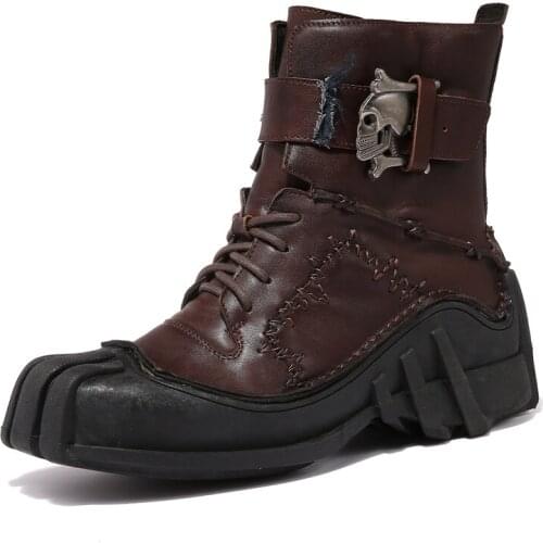 First layer cowhide Punk boots Mens Vintage & Unique Look Genuine Leather Ankle Motorcycle Military Combat Boots with Skull