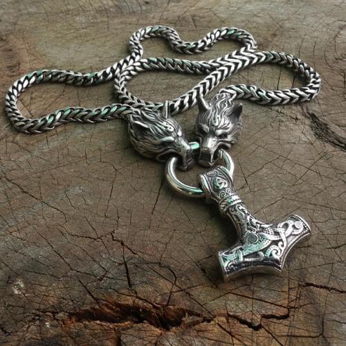 Men stainless steel necklace viking wolf head with thors hammer mjolnir pendant norse talisman ethnic jewelry