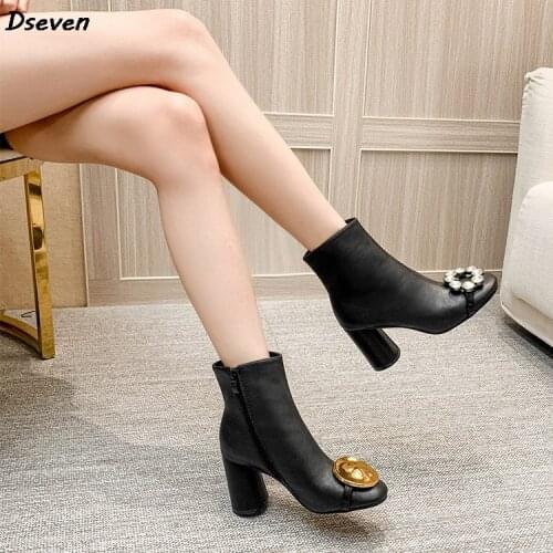 New Thick-heel Martin Boots Mandarin Duck Metal Rhinestone Round Toe Leather Microfiber Zipper High-heeled Ankle Boots For Women