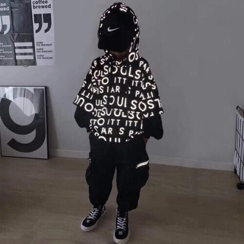 Boys Clothing Kids Black Luminous Sets Letter Long Sleeve Tops +pants 2pcs Hooded Hip Hop Fall Clothes Toddler Boys Clothes