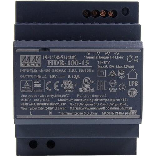 Original Mean Well HDR-100-15 meanwell 15V DC 6.13A 92W Ultra Slim Step Shape DIN Rail Power Supply