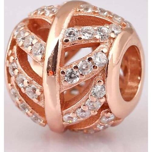 Original Rose Openwork Shimmering Feather With Crystal Beads Fit 925 Sterling Silver Bead Charm Bracelet DIY Jewelry