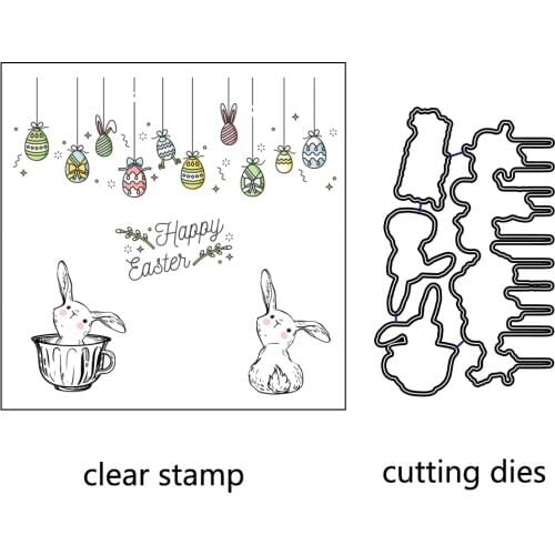 AZSG Easter Rabbit In The Cup Cutting Dies Clear Stamps For Scrapbooking Card Making Decoration Silicone Stamps Crafts