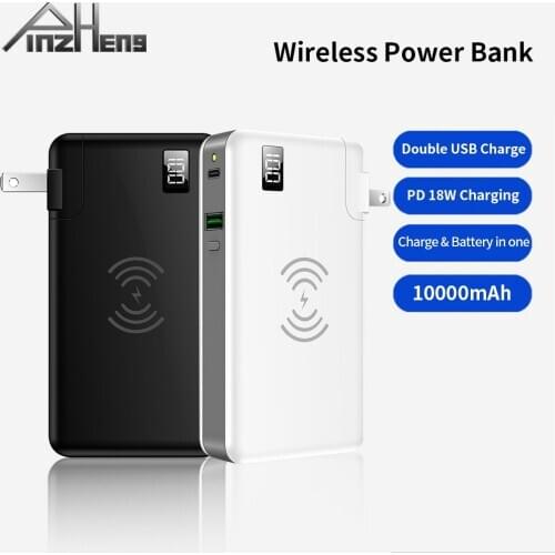 PINZHENG Wireless Power Bank 10000mAh USB C PD 18W Fast Charging 3 in 1 Charger & Battery as One For iPhone 12 Pro For Xiaomi