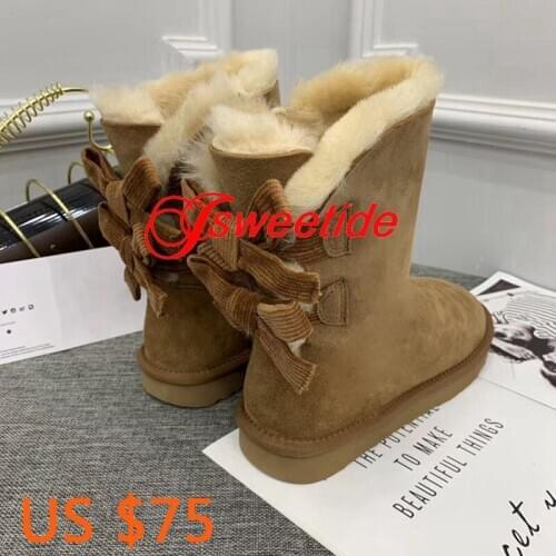 Luxury Sheepskin Snow Boots Australia Winter Natural Wool Bow Boots High Quality Flat Women Sheep Fur Ankle Boots