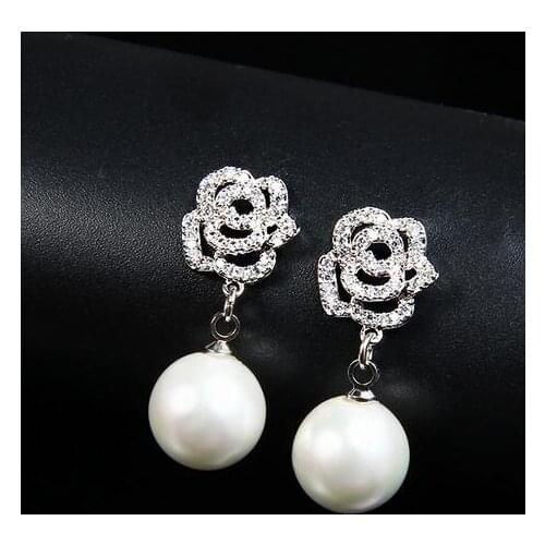 Rose flower jewelry white 100% Natural freshwater Pearl Earring Crystal drill 925 sterling Silver Stud pair