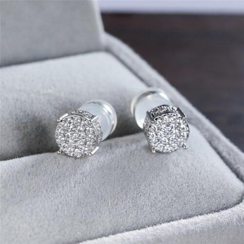 White Round Small Stone Earrings Male Female Hip Hop Crystal Earrings For Women Men Punk Jewelry Silver Color Wedding Earrings