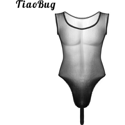 TiaoBug Men See Through Sheer Lace Mesh Lingerie Penis Bulge Pouch Sexy Bodysuit Transparent Nightwear Male Gay Sexy Underwear