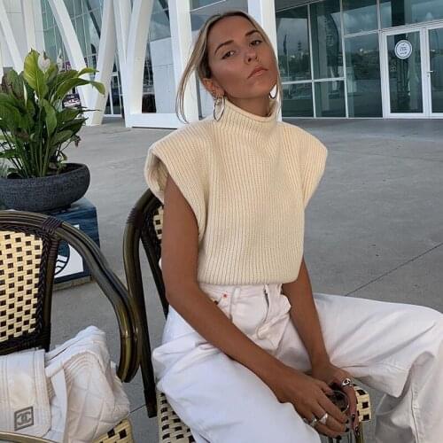 2021 European And American High Neck Knitted Sweater Womens Pullover Solid Color Loose With Fashionable Shoulder Padded Top