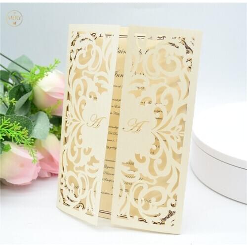 Ivory pearl paper customized wedding inviations card laser cut
