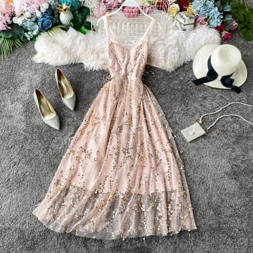 2020 Runway Womens Fashion Sequins Solid Slim A-line Party Spaghetti Strap Dress Vestido Summer Elegant Ladies Casual Dress