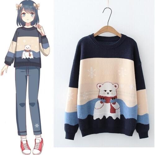 Winter Vintage Ladies Sweaters Cartoon Bear Embroidery Knitted Pullover 2020 Warm Jumper Soft Long Sleeve Lovely Japanese Top