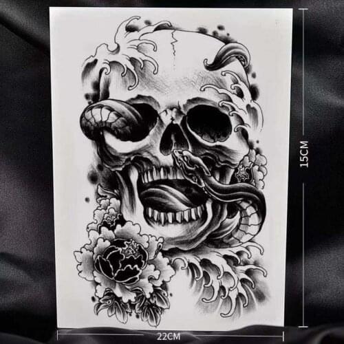 1PC Black Skull Fake Tattoo Stickers For Men Women Arm Body Art Temporary Tattos Waterproof Skeleton Back Tatoos Decals