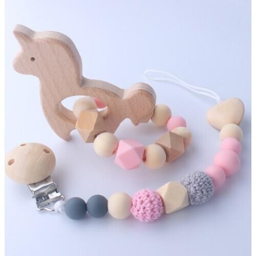 2pcs/set Pacifier Clip Baby Wooden Chain Beech Holder Nipple Children Teether Teething Toy Toddler Infant Silicone Pacifier Wood