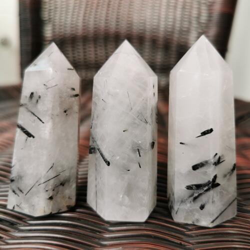3PCS Natural Black Tourmaline Rutilated Quartz Crystal Point Wand Healing Reiki Stones And Minerals Carving Chakra Decoration