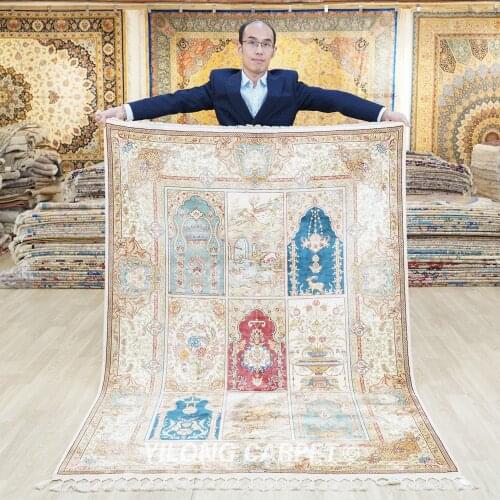 Yilong 4.6'x6.7' Handknotted Four Seasons Turkish Design Natural Silk Handmade Area Rugs(CQG19A4.6x6.7)