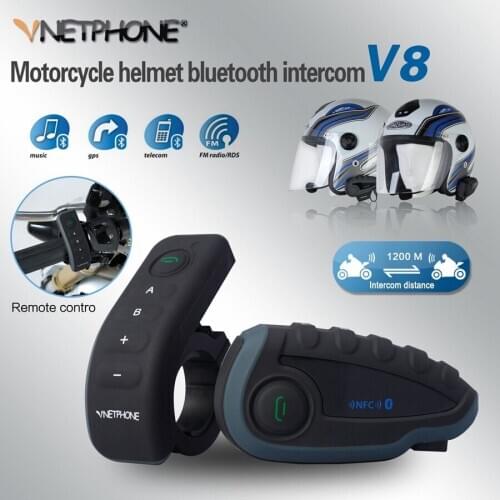 Free shipping 1PCS VNETPHONE V8 BT Interphone 1200m Motorcycle Bluetooth FM NFC Helmet Intercom 5 Riders Motorcycle Headset