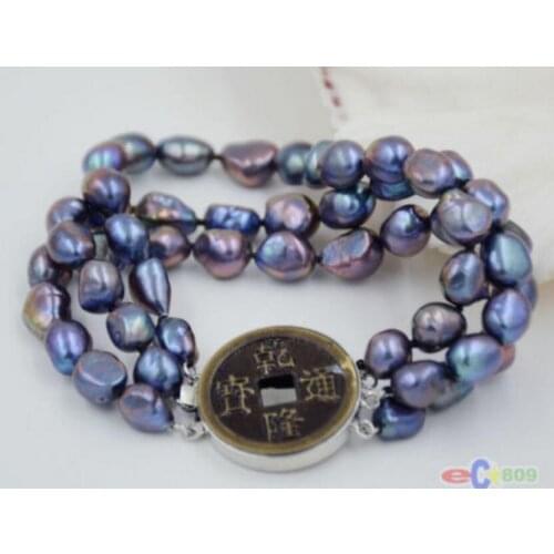 3row 8" 10mm peacock black baroque freshwater cultured pearl bracelet