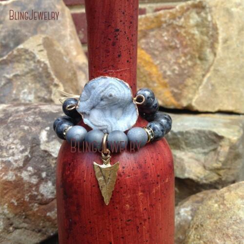 Black Labradorite and Gray Geode Beads Bracelet Gold Arrowhead Bracelet Set SE22768