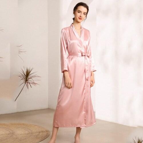 Women Satin Long Robe Gown Summer New Kimono Bathrobe Spring Autumn Full Sleeve Sleepwear Sexy V-Neck Home Dress Loose Nightgown
