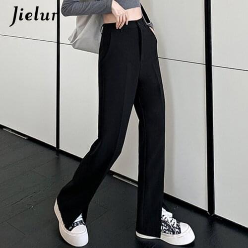 Jielur Fashion Black Trousers Suits Spring XS-XXL High Waist Casual Womens Pants Wide Leg Split Workwear Formal Pants Female
