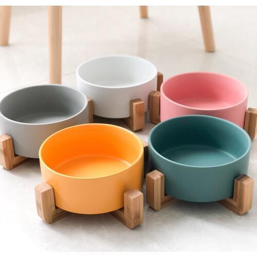 Ceramic Elevated Raised Cat Bowl with Wood Stand No Spill Pet Food Water Feeder Cats Small Dogs