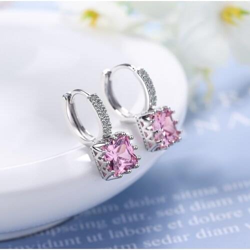 LByzHan Square Pink Crystal Luxury Jewelry Dangle Solid 925 Sterling Silver Drop Earrings For Women