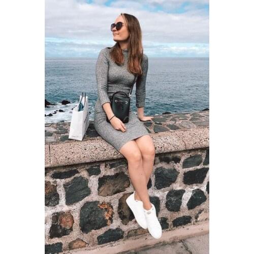 Summer New Personality Fashion Leisure Commuting Womens Wear Grey High-Clean Long-Sleeved Tights and Knee Dress