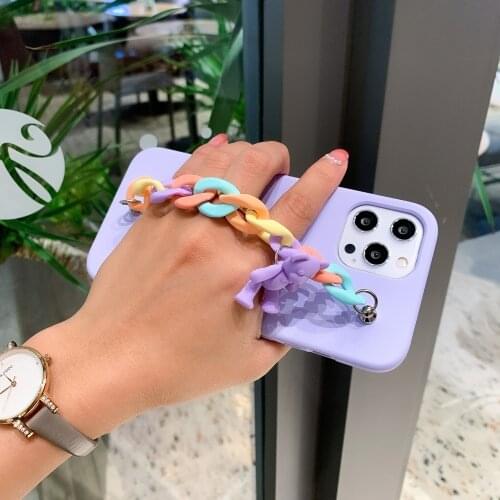 Cute Rainbow Wrist Chian Strap phone case For iPhone 12 ProMax Min 11 Pro MAX 7 8 Plus X XR XS Max Bears Liquid silicon Cases