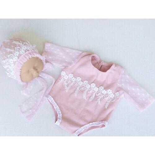 Cute Newborn Baby Girls Pink Romper Long Sleeve Lace Ruffles Jumpsuit + Hat Outfits Baby Girls Clothes Set
