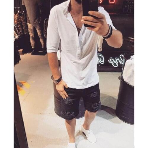 Summer Men Shirt V-neck Breathable Vintage Renaissance Victorian Middle Ages Clothing Half Sleeve T-shirt Street Wear