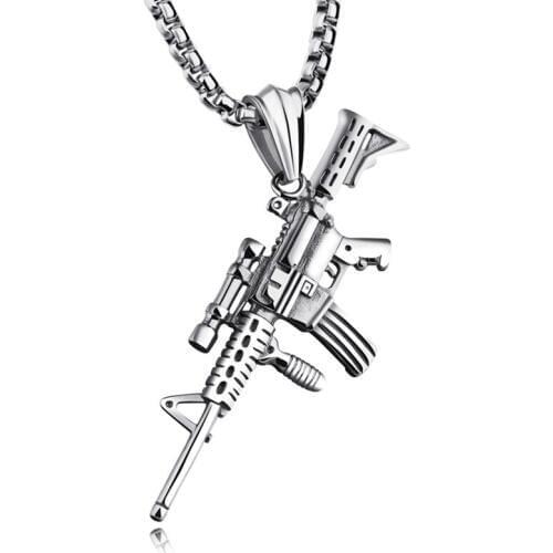 Mens Machine Gun Pattern Pendant Necklace Rock Punk Silver-color Stainless Steel 24" Chain for Men Jewelry