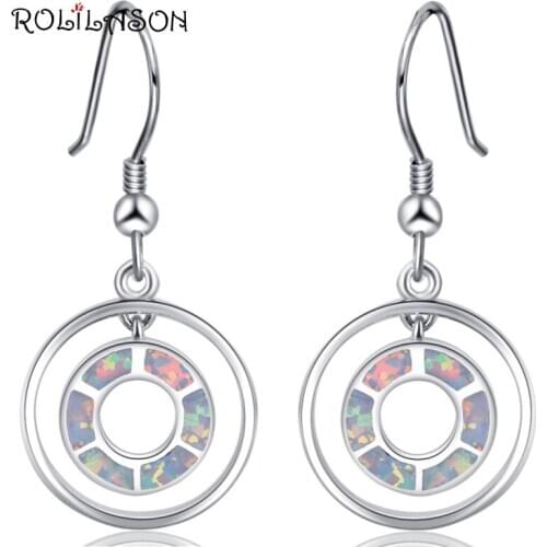 ROLILASON Double circle shape gift 925 silver stamped White fire opal Drop Earrings fashion Jewelry OE769