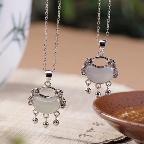 S925 sterling silver Hetian jade smoke mauve jade pendant vintage tassel lock of good wishes ladies clavicle chain pendant